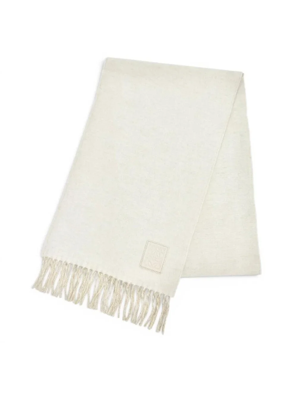 Loewe Beauty U-le Cashmere Anagram Logo Leather Patch Fringe Scarf Ivory Beige